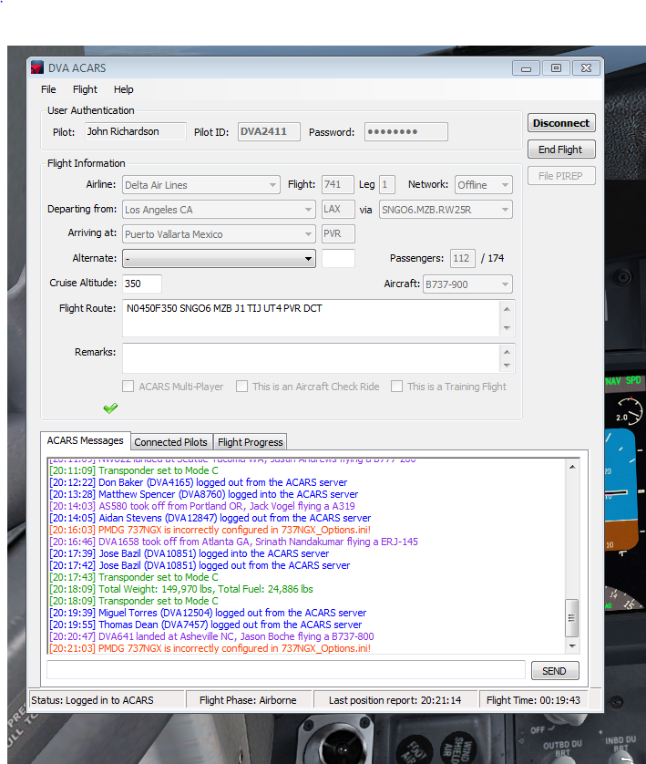 PMDG 737 error message in ACARS